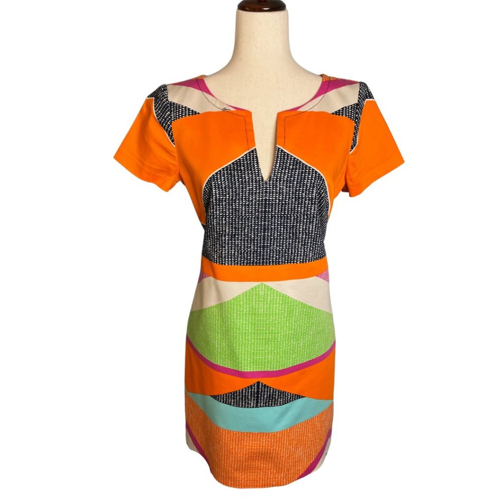 Trina Turk Colorful Geometric Print Sheath Dress Short Sleeve Split Neck Sz 8